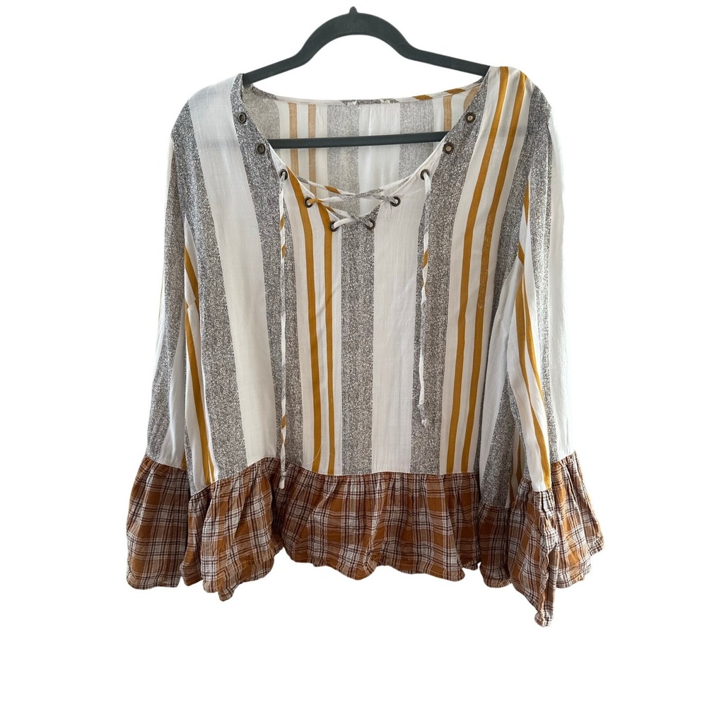 Boho Striped & Plaid Lace-Up Peasant‎ Top Size L